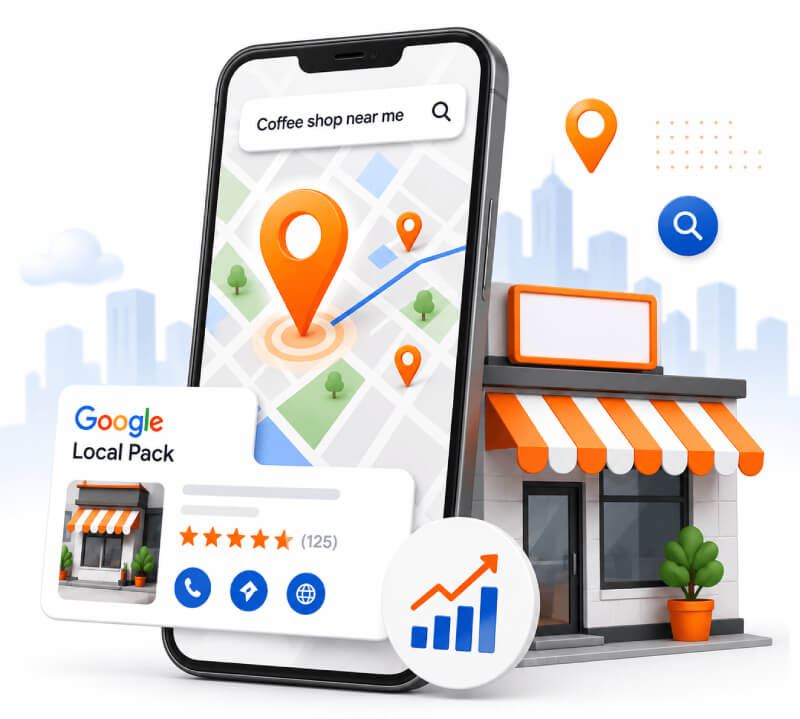 Local SEO in Singapore, a near me search showing a business in the Google local pack and on the map